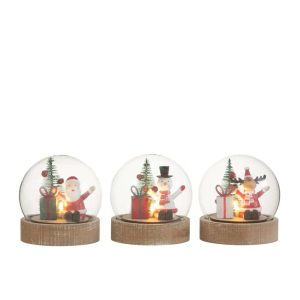 BELL JAR SANTA/REINDEER/SNOWMAN+LED WOOD/GLASS MIX ASSORTMENT OF 3