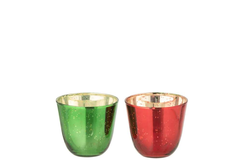TEALIGHT HOLDER GLASS RED/GREEN ASSORTMENT OF 2