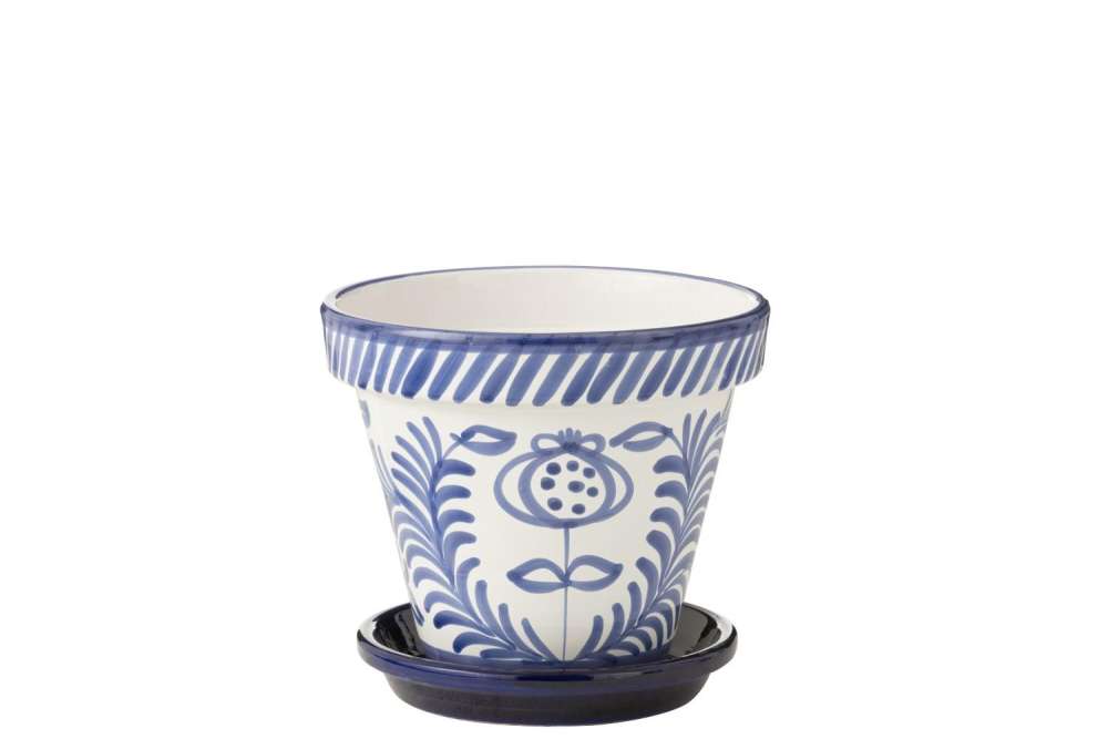 FLOWERPOT+PLATE GRANADA HANDMADE/HANDPAINTED CERAMIC COBALTO BLUE/WHITE LARGE