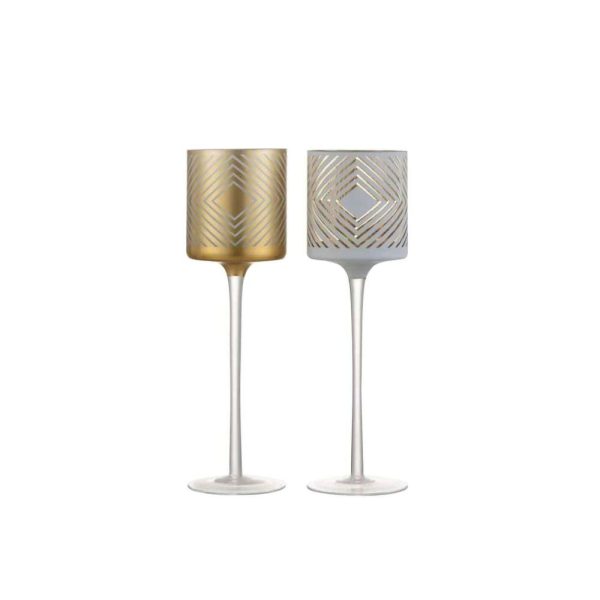 TEALIGHT HOLDER ON FOOT RHOMBUS GLASS WHITE/GOLD LARGE ASSORTMENT OF 2