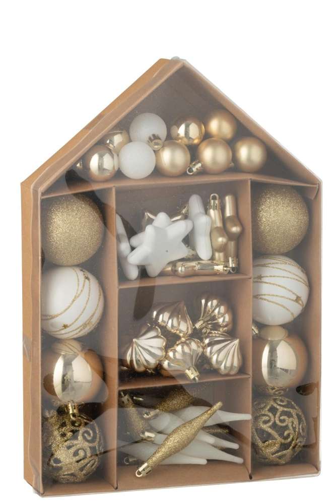 BOX OF 50 CHRISTMAS BAUBLE PLASTIC GOLD COLORED/WHITE
