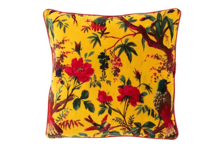 CUSHION BIRDS/FLOWERS COTTON VELVET YELLOW