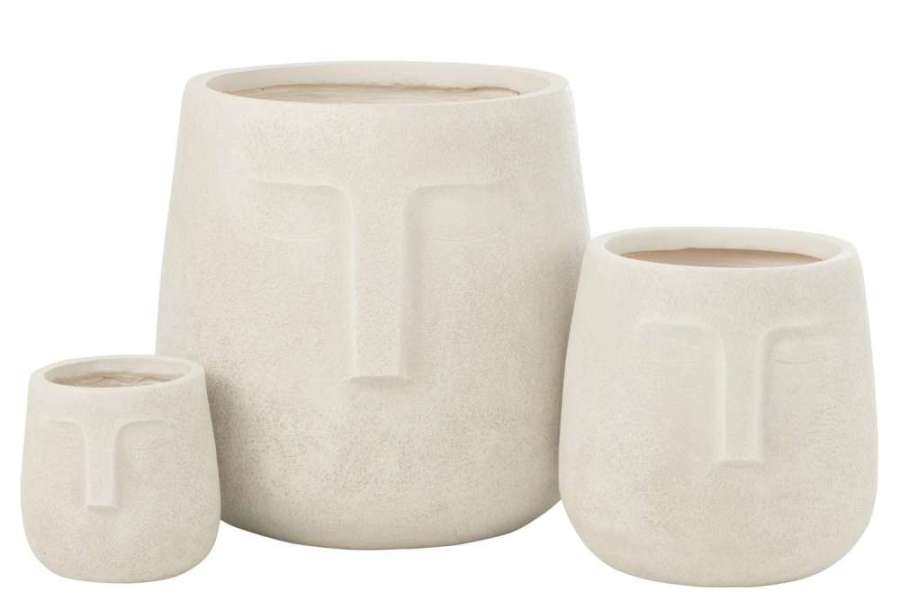 SET OF 3  FLOWERPOTS MOAI  CLAY WHITE