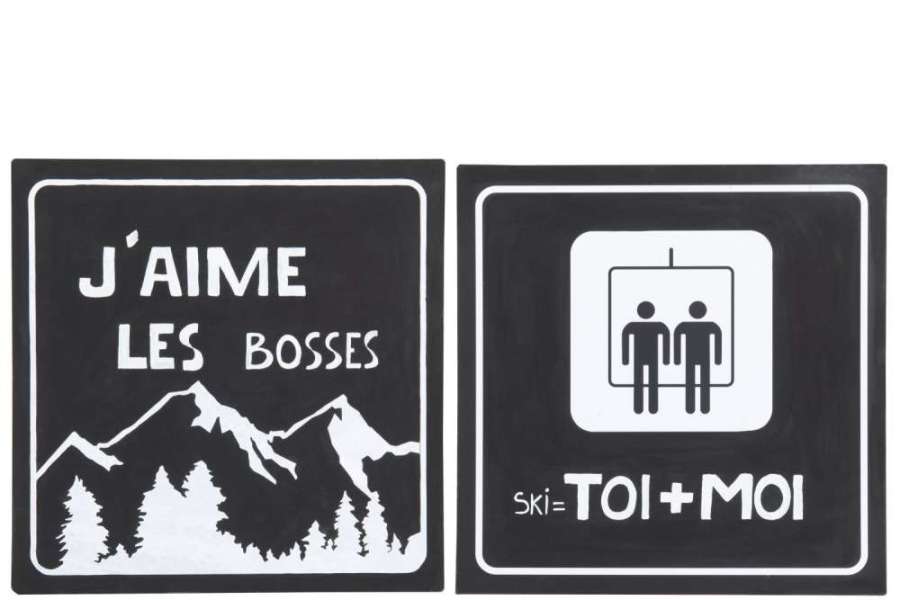 PLACARD SQUARE MOUNTAINS/SKI LIFT METAL BLACK/WHITE ASSORTMENT OF 2