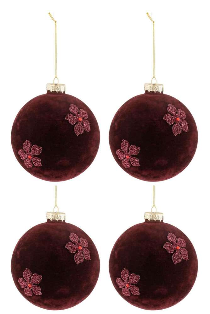 BOX OF 4 CHRISTMAS BAUBLES FLOWERS VELVET GLASS BURGUNDY LARGE
