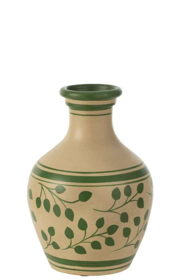 VASE LEAVES+LINES TERRACOTTA WHITE/GREEN