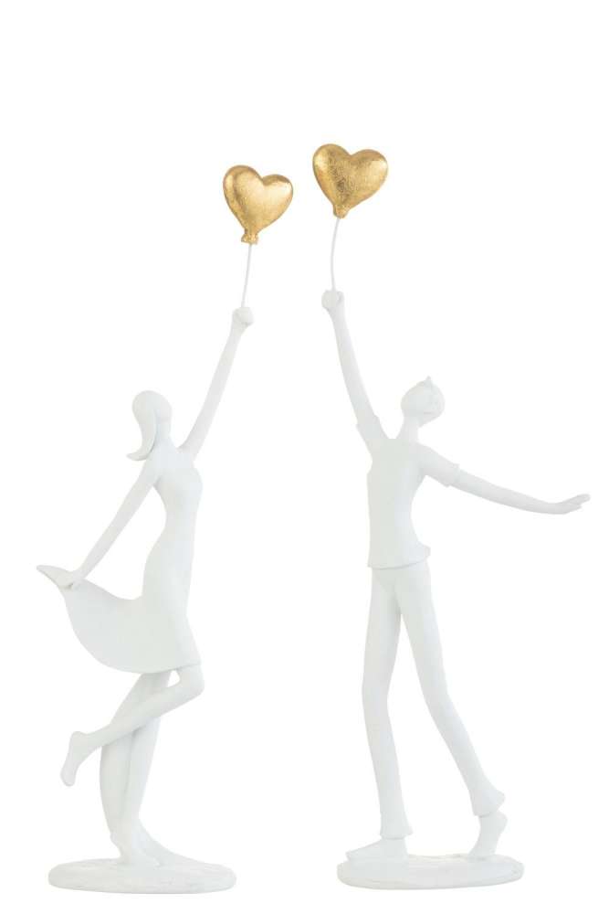 LADY AND MAN HEART BALLOON RESIN WHITE/GOLD ASSORTMENT OF 2