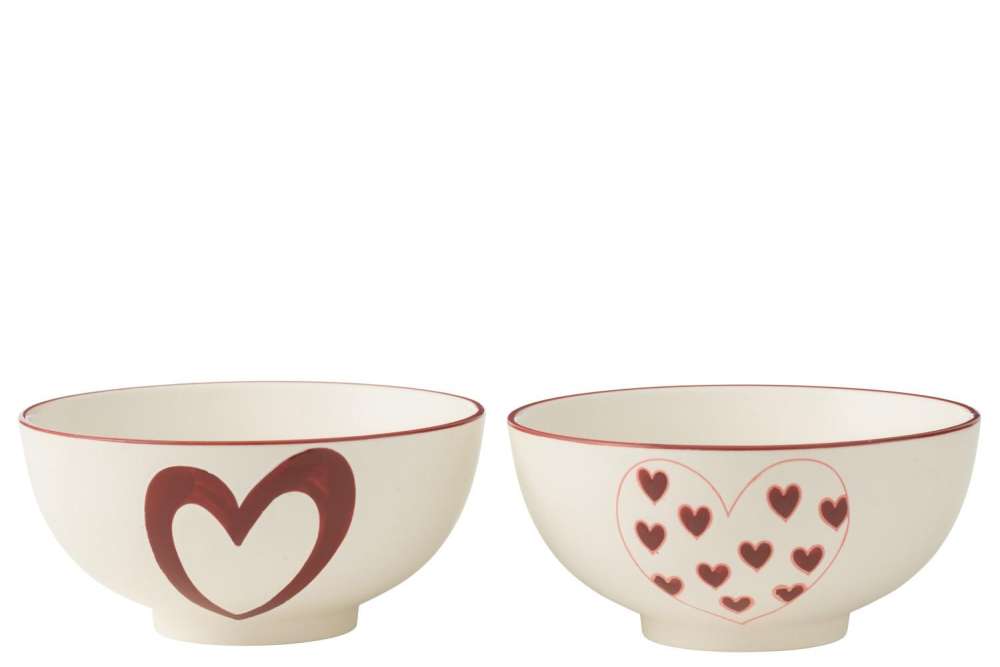 BOX OF 2 BOWLS HEARTS PORCELAIN WHITE/RED LARGE ASSORTMENT OF 2