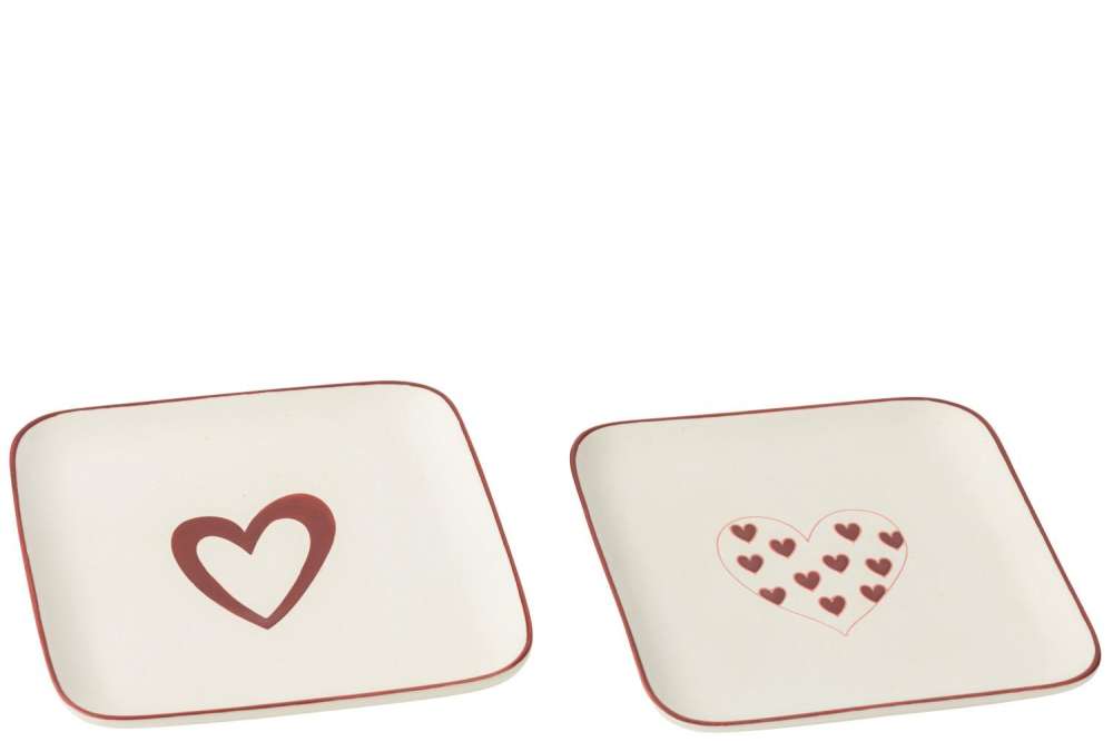 PLATE HEARTS PORCELAINE WHITE/RED ASSORTMENT OF 2