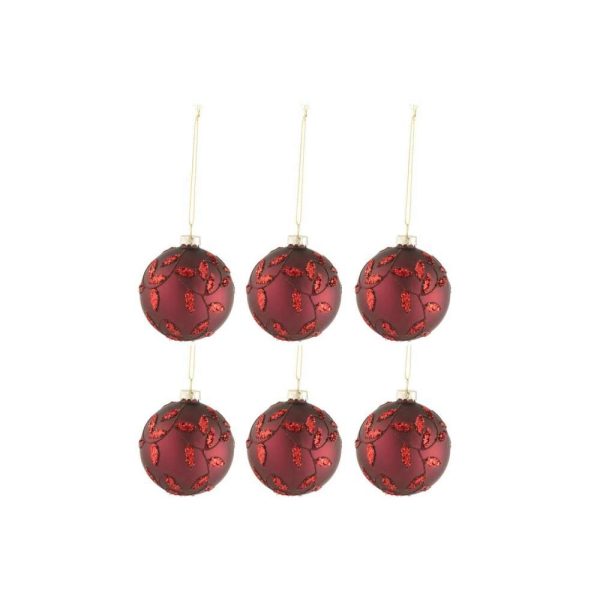BOX OF 6 CHRISTMAS BAUBLES LEAVES GLITTER GLASS MATTE CHRISTMAS RED SMALL