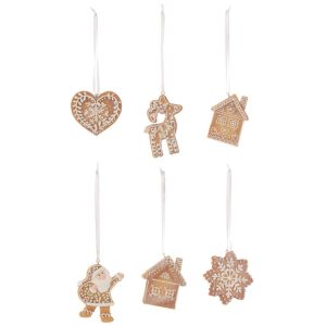 HANGER GINGERBREAD RESIN BROWN/WHITE ASSORTMENT OF 6