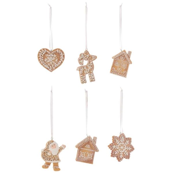 HANGER GINGERBREAD RESIN BROWN/WHITE ASSORTMENT OF 6
