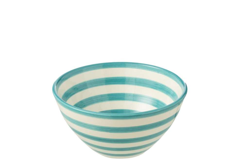 BOWL GRANADA STRIPES HIGH CERAMIC WHITE/AQUA MEDIUM