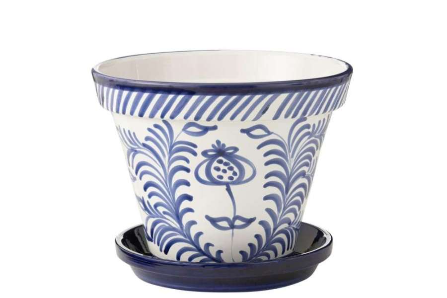 FLOWERPOT+PLATE GRANADA HANDMADE/HANDPAINTED CERAMIC COBALTO BLUE/WHITE EXTRA LARGE