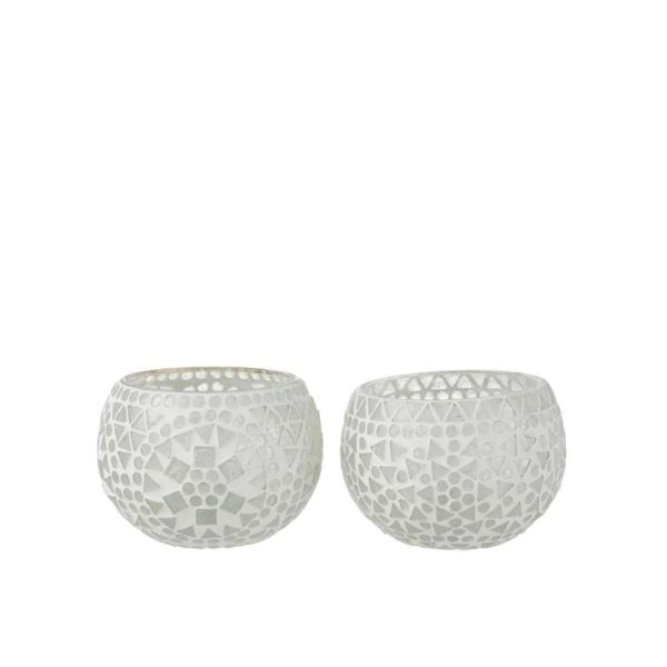 TEALIGHT HOLDER EKI MOSAIC GLASS WHITE MEDIUM ASSORTMENT OF 2