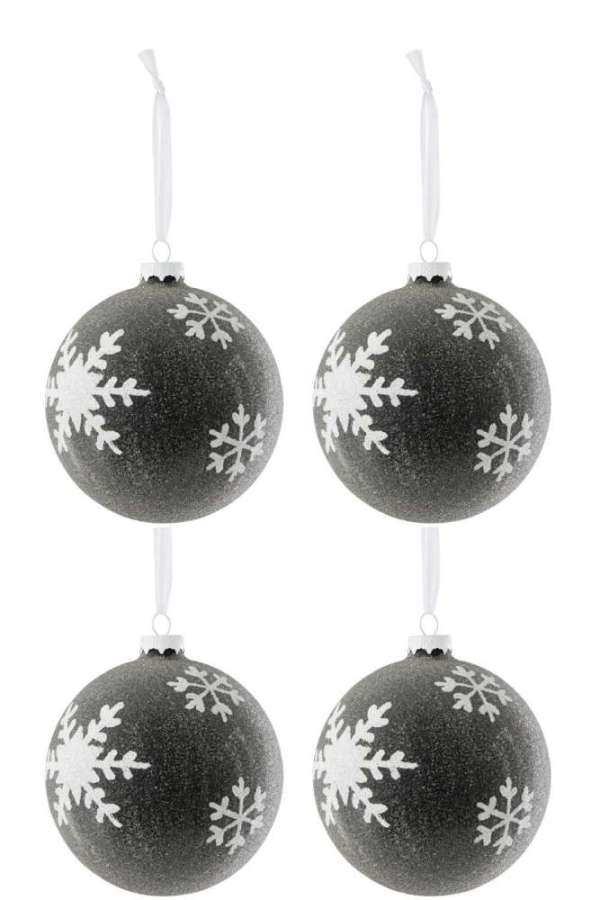 BOX OF 4 CHRISTMAS BAUBLE PEARLS+SNOWFLAKE GLASS GREY DARK/WHITE LARGE