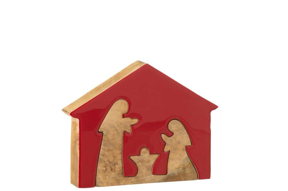 NATIVITY IN HOUSE MANGO WOOD CHRISTMAS RED/NATURAL LARGE