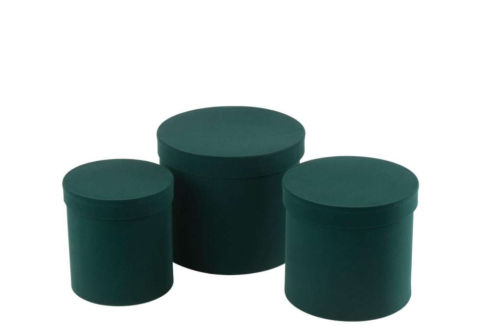 SET OF 3 BOX ROUND VELVET PAPER GREEN