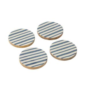 SET OF 4 COASTERS STRIPES MANGO WOOD BLUE/WHITE