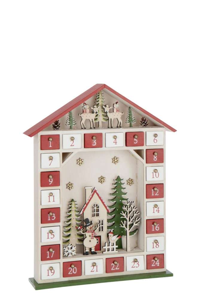 HOUSE ADVENT CALENDAR LED PLYWOOD CHRISTMAS RED/WHITE
