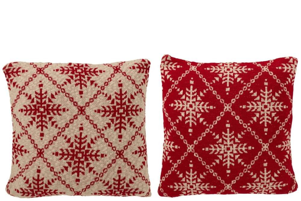 CUSHION SNOWFLAKES COTTON CHRISTMAS RED/WHITE ASSORTMENT OF 2