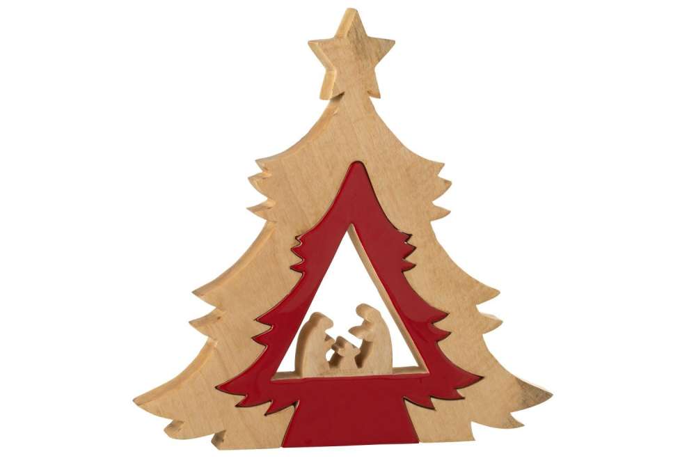 NATIVITY IN TREE  +  STAR MANGO WOOD CHRISTMAS RED/NATURAL