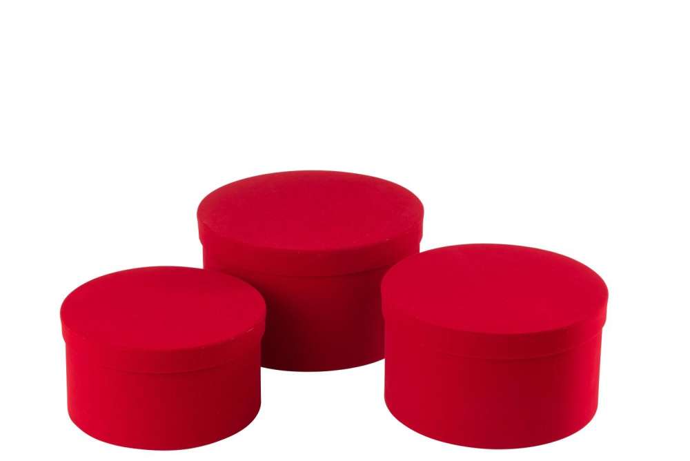 SET OF 3 BOX ROUND FLAT VELVET PAPER RED