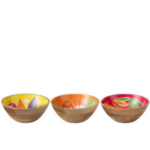 BOWL FLORAL PATTERN MANGO WOOD PINK/ORANGE/YELLOW LARGE ASSORTMENT OF 3