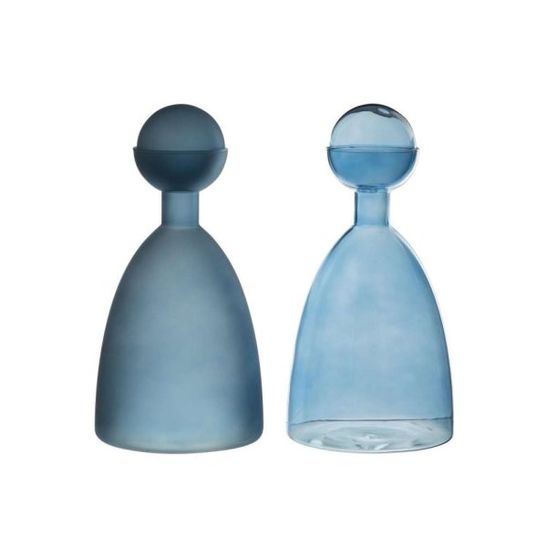 VASE BOTTLE+CAP NARROW GLASS SHINY/MATTE BLUE ASSORTMENT OF 2