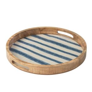 TRAY ROUND STRIPES WITH HANDLES MANGO WOOD BLUE/WHITE