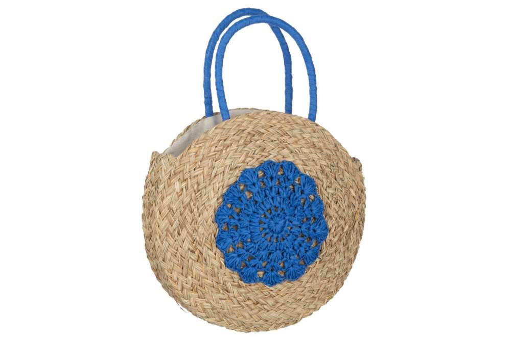 BEACH BAG ROUND FLOWER SEAGRASS NATURAL/BLUE