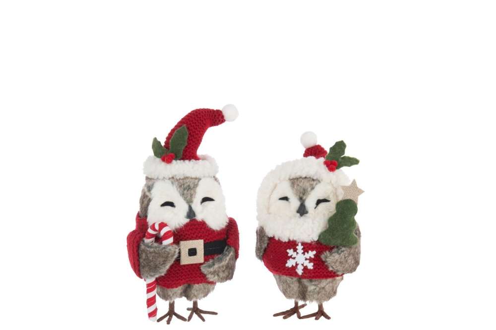OWL DECO POLYESTER BROWN/CHRISTMAS RED ASSORTMENT OF 2