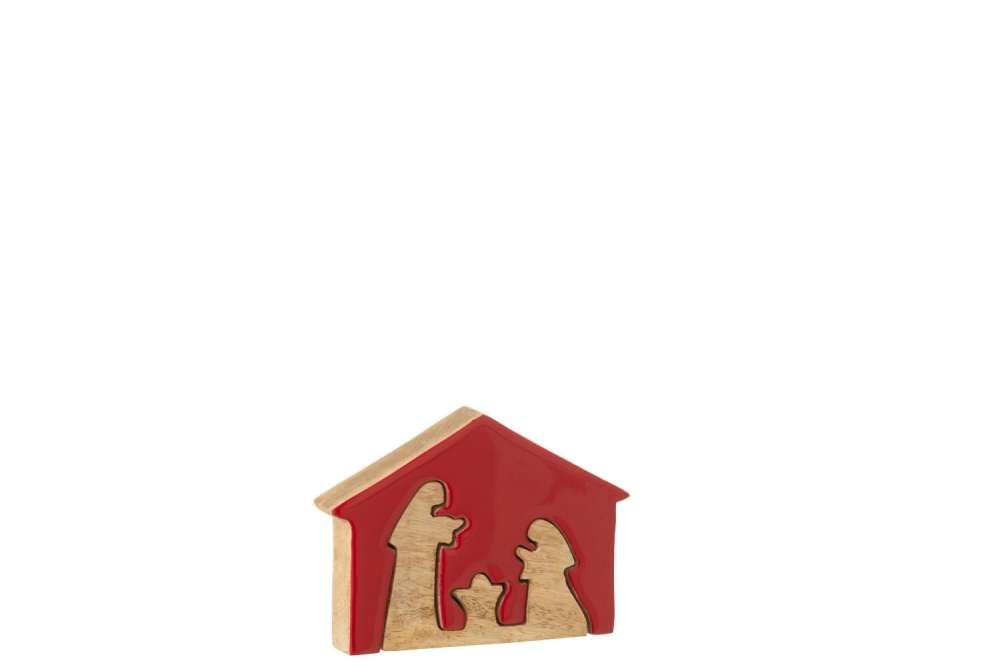 NATIVITY IN HOUSE MANGO WOOD CHRISTMAS RED/NATURAL SMALL