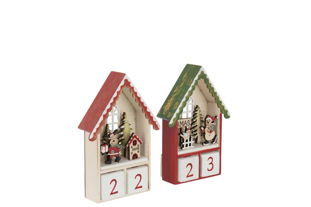 HOUSE ADVENT CALENDAR LED PLYWOOD CHRISTMAS RED/DARK GREEN ASSORTMENT OF 2