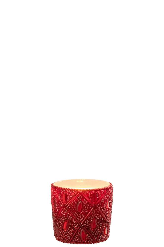 TEALIGHT HOLDER GLASS/BEADS CHRISTMAS RED SMALL
