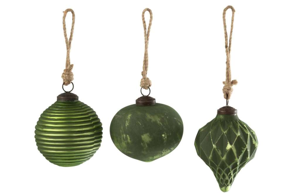 CHRISTMAS BAUBLE OXYDISED GLASS GREEN LARGE ASSORTMENT OF 3