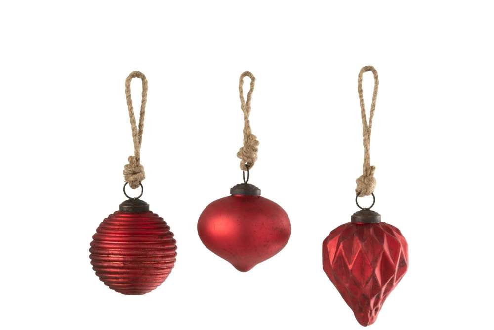 CHRISTMAS BAUBLE OXYDISED GLASS RED SMALL ASSORTMENT OF 3