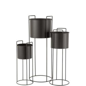 SET OF THREE FLOWERPOTS ON FOOT METAL BLACK