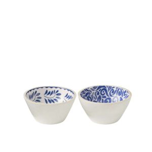 BOWL FLORAL PATTERN MANGO WOOD BLUE/WHITE MEDIUM ASSORTMENT OF 2