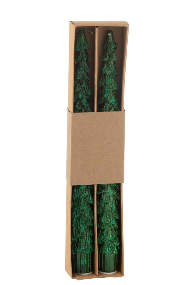 BOX OF 2 TABLE CANDLE TREE PARAFFIN DARK GREEN-3H