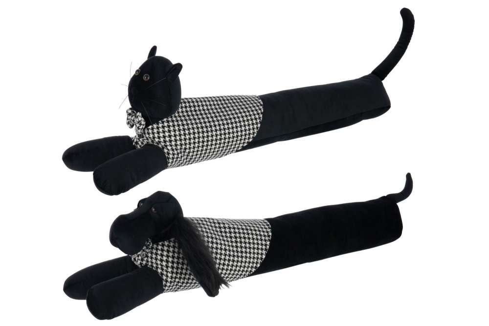 DRAUGHT EXCLUDER DOG + CAT PIED-DE-POULE POLYESTER BLACK/WHITE ASSORTMENT OF 2