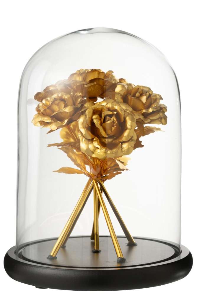 DECORATIVE BELL JAR BOUQUET OF ROSES GLASS GOLD COLORED/BLACK LARGE