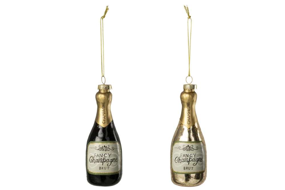 HANGER CHAMPAGNE BOTTLE GLASS BLACK/GOLD COLORED ASSORTMENT OF 2