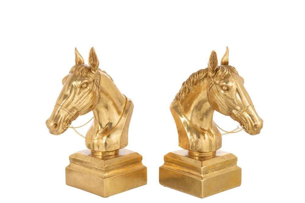 SET OF 2 BOOKEND ON BASE HORSE HEAD POLYRESIN GOLD COLORED