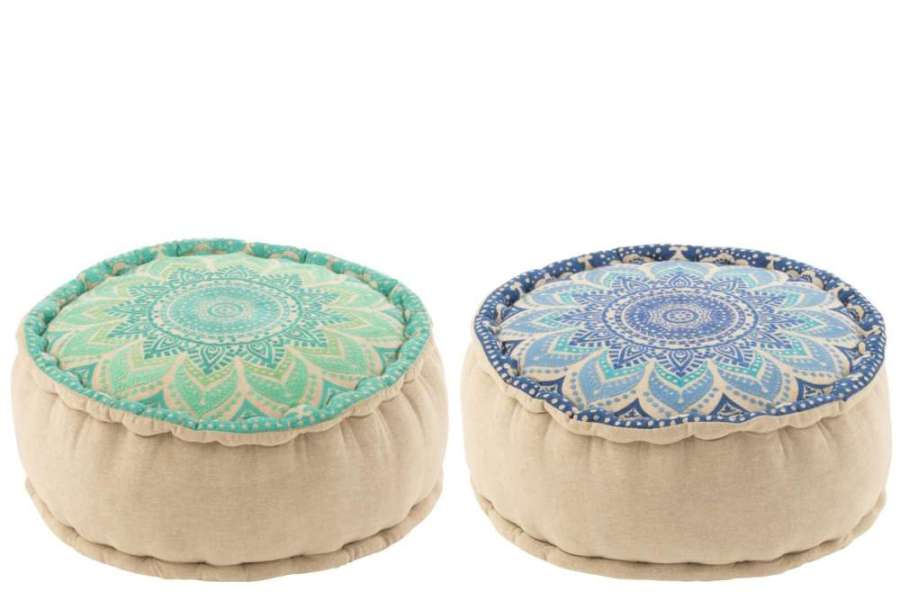 POUF ROUND FLOWER COTTON TURQUOISE/BLUE ASSORTMENT OF 2