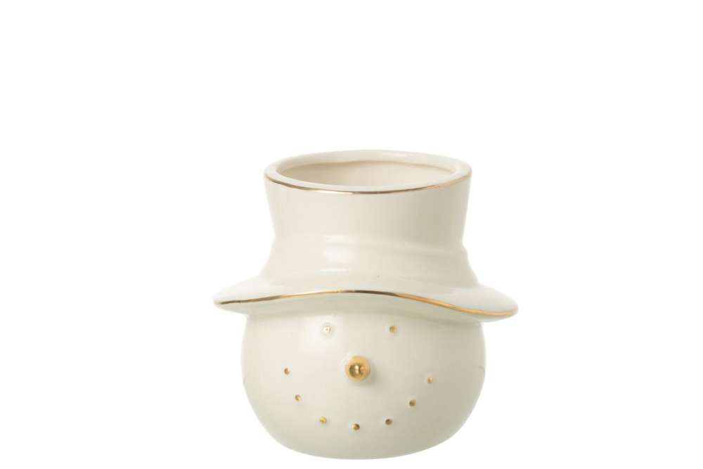 SNOWMAN HEAD + HAT PORCELAIN ECRU/GOLD COLORED SMALL