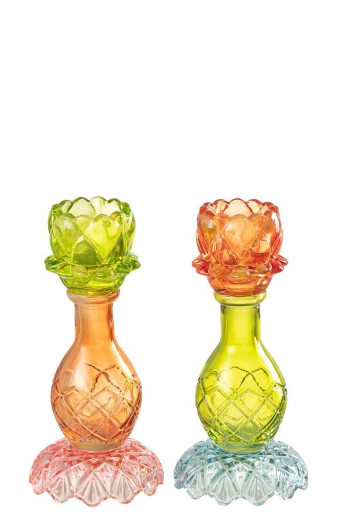 CANDLE HOLDER FLOWER ON BASE GLASS MIX ASSORTMENT OF 2