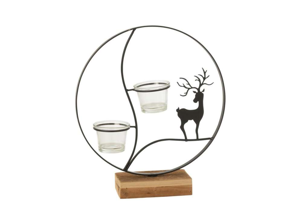 TEALIGHT HOLDER REINDEER ROUND WOOD BLACK/NATURAL