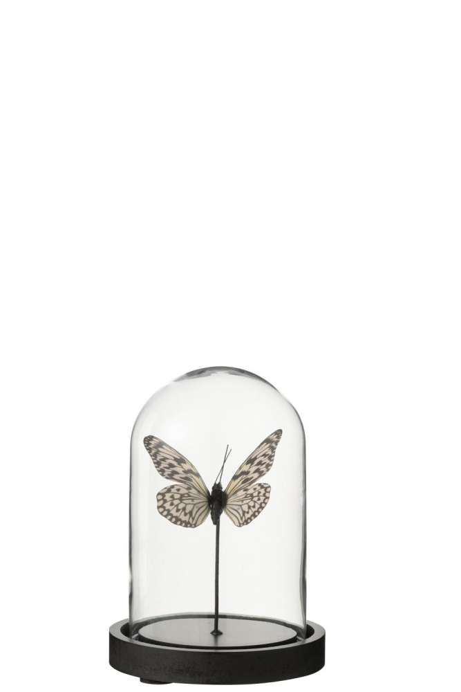 DECORATIVE BELL JAR BUTTERFLY GLASS BLACK/WHITE SMALL