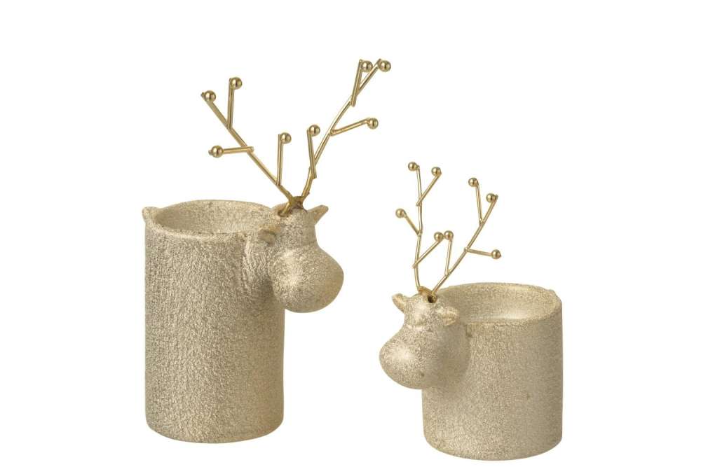 SET OF 2 TEALIGHT HOLDER REINDEER PORCELAIN WHITE/GOLD COLORED